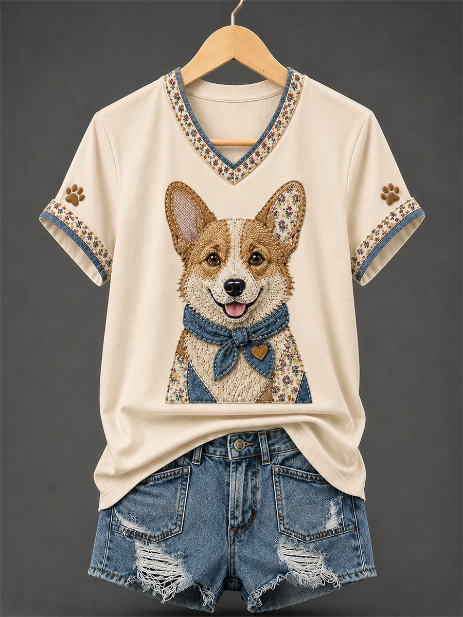 T-shirt rétro à col en V, patchwork et imprimé chien pour femme