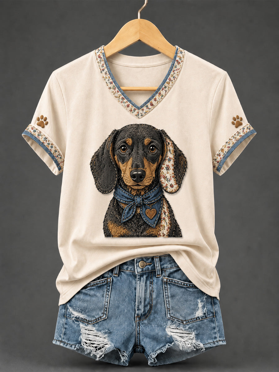T-shirt rétro à col en V, patchwork et imprimé chien pour femme