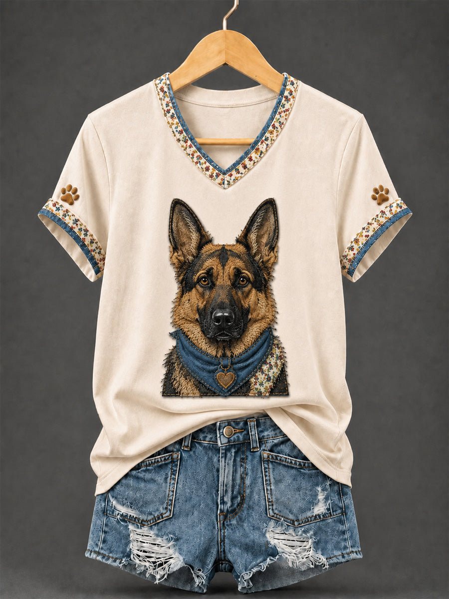 T-shirt rétro à col en V, patchwork et imprimé chien pour femme