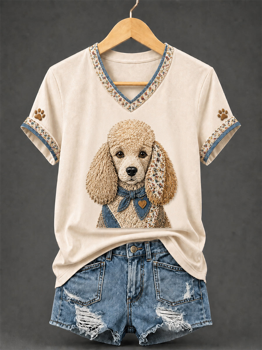 T-shirt rétro à col en V, patchwork et imprimé chien pour femme