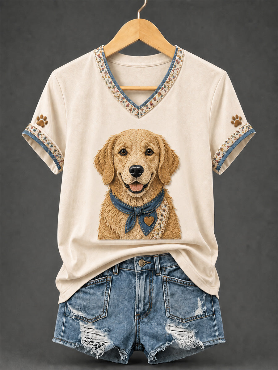 T-shirt rétro à col en V, patchwork et imprimé chien pour femme