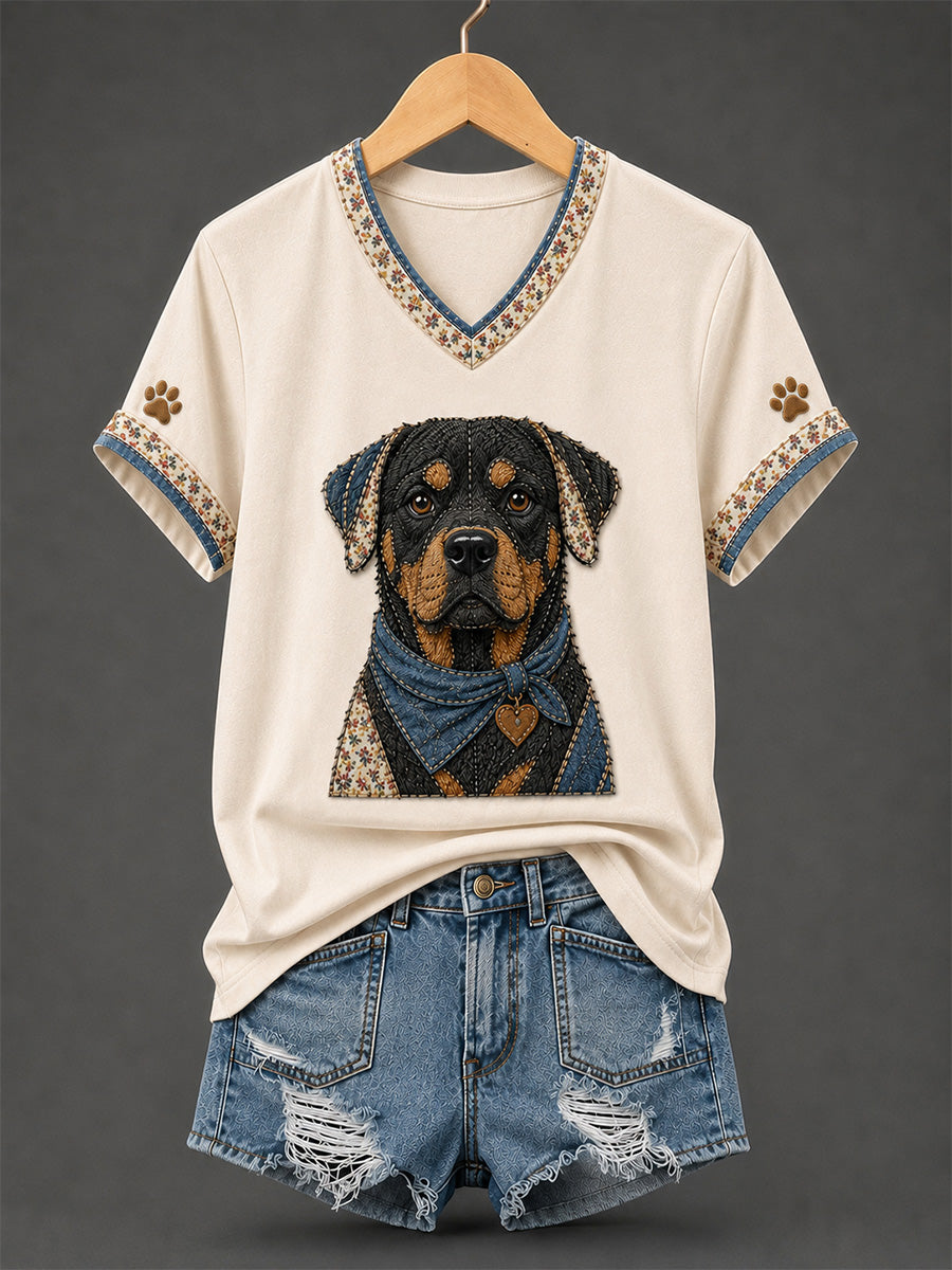 T-shirt rétro à col en V, patchwork et imprimé chien pour femme