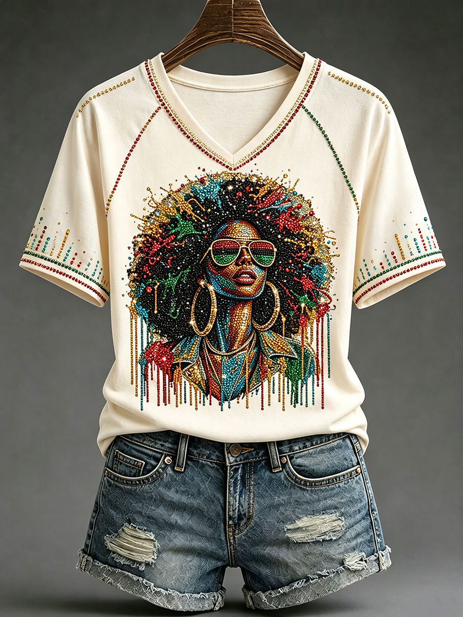 T-shirts noirs à col en V pour femmes, ornés d’œuvres d’art