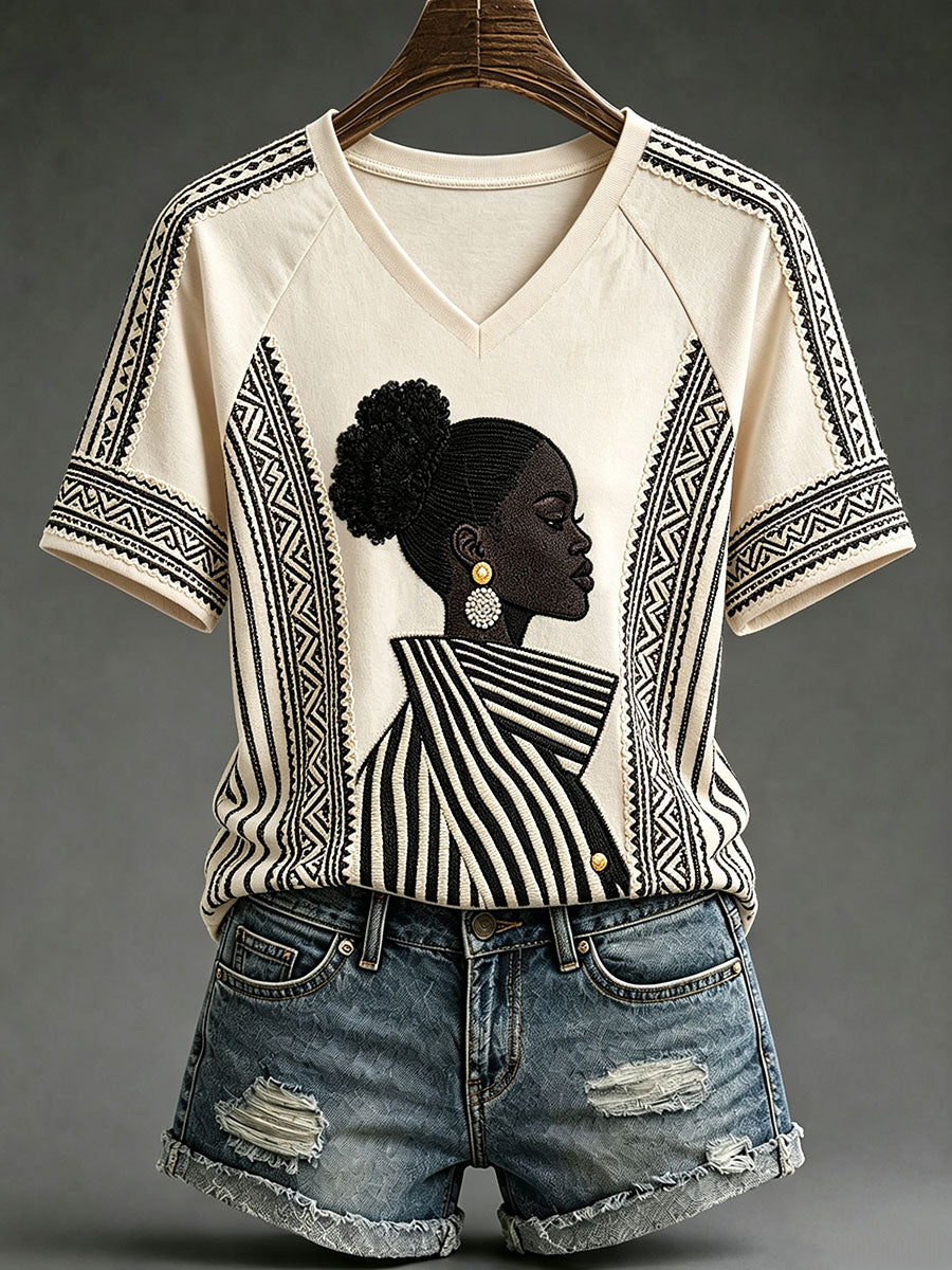 T-shirts noirs à col en V pour femmes, ornés d’œuvres d’art