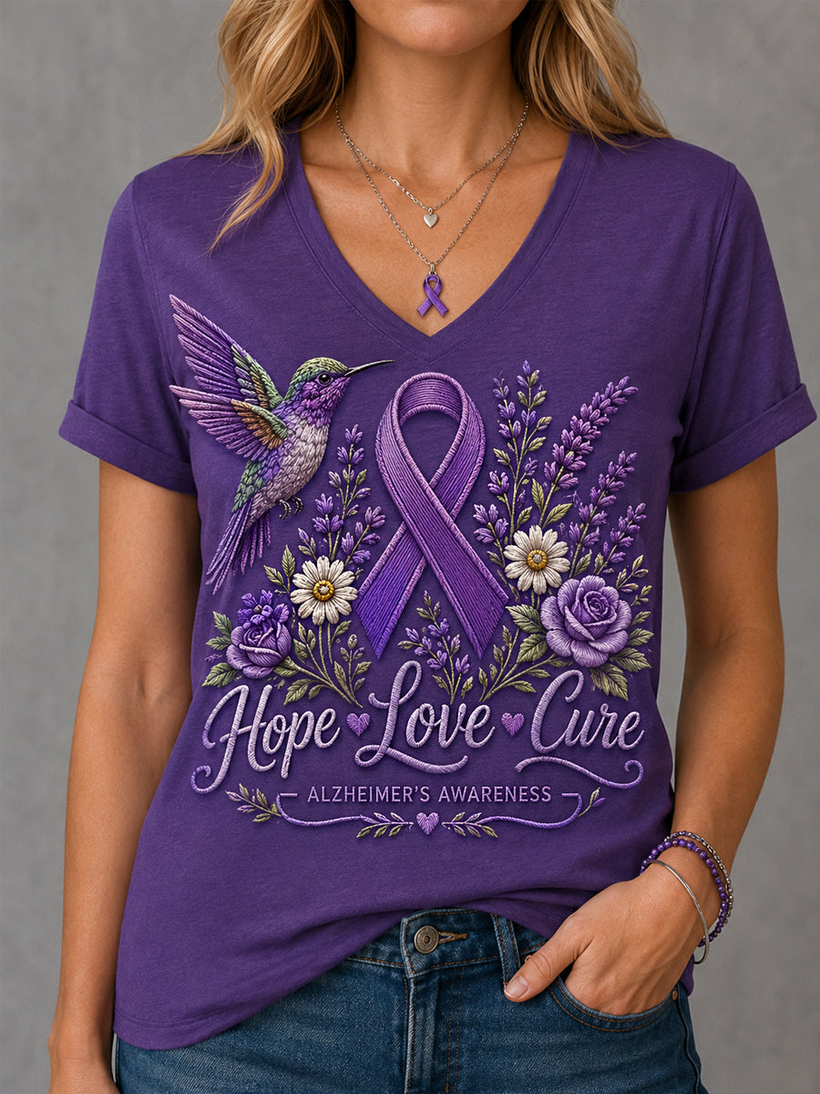 T-shirt à col en V pour femmes, imprimé floral violet et colibris, en soutien à la sensibilisation à la maladie d’Alzheimer