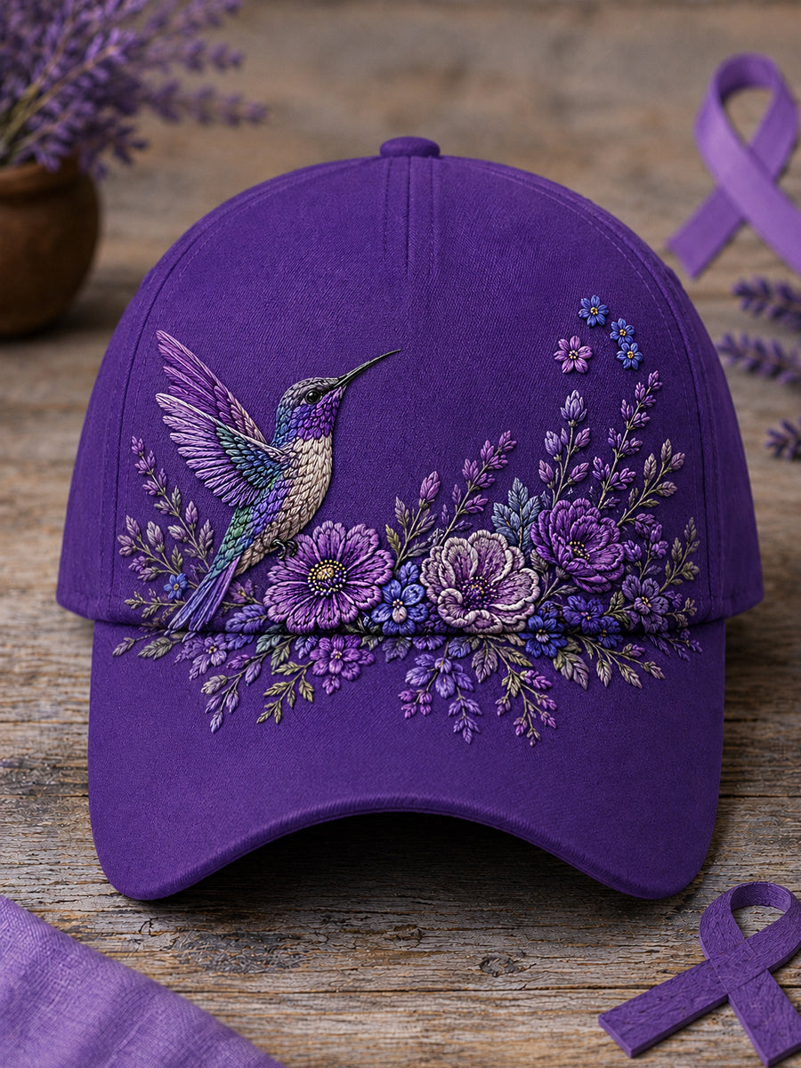 Chapeau de soutien à la sensibilisation à la maladie d’Alzheimer, unisexe, à imprimé floral violet et colibri