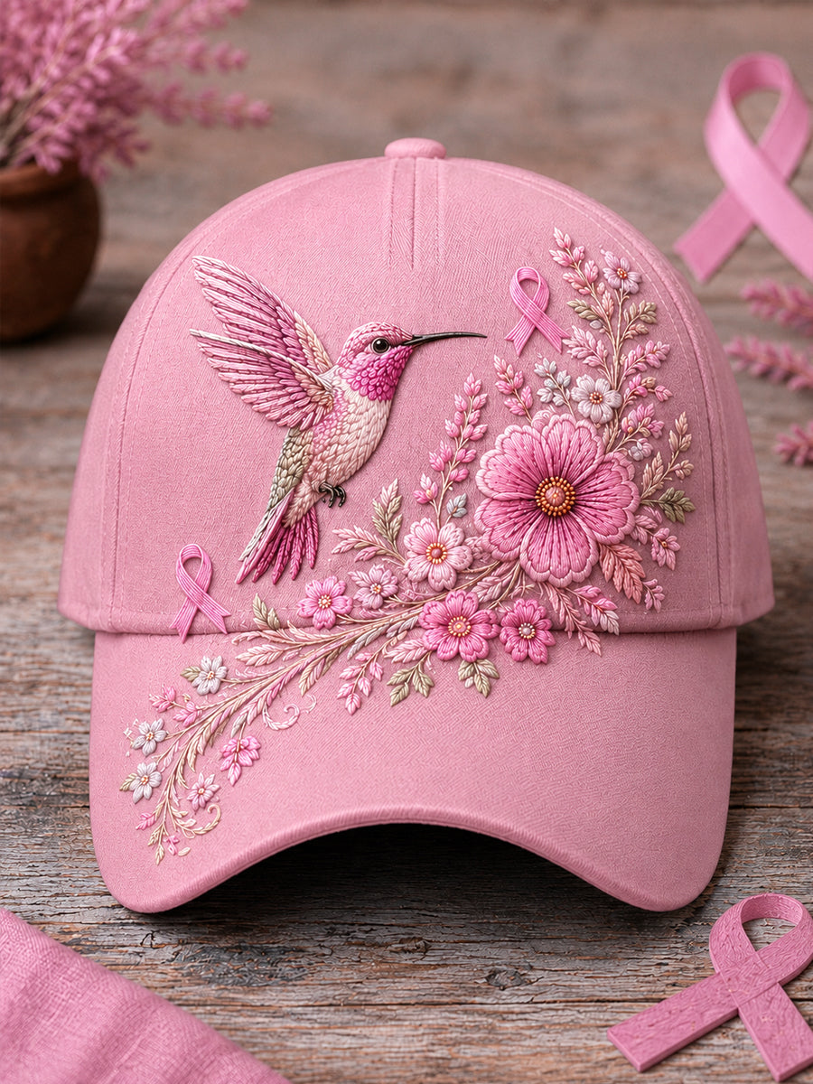 Chapeau de soutien de sensibilisation au cancer du sein unisexe à imprimé floral et colibri rose