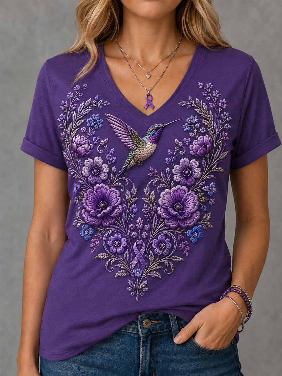 T-shirt à col en V pour femmes, imprimé floral violet et colibris, en soutien à la sensibilisation à la maladie d’Alzheimer