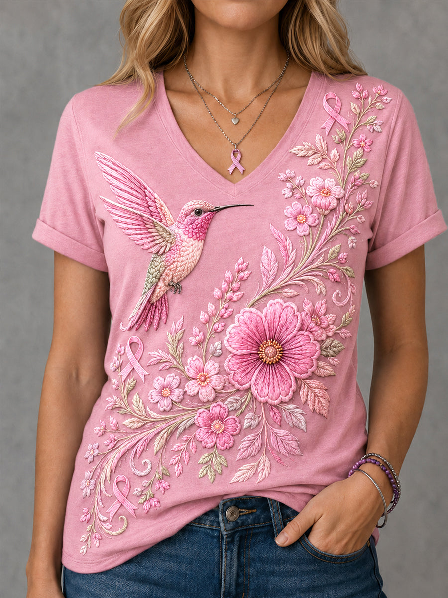 Femme Rose Floral & Colibri Imprimer Cancer Du Sein Soutien V-Neck Tee