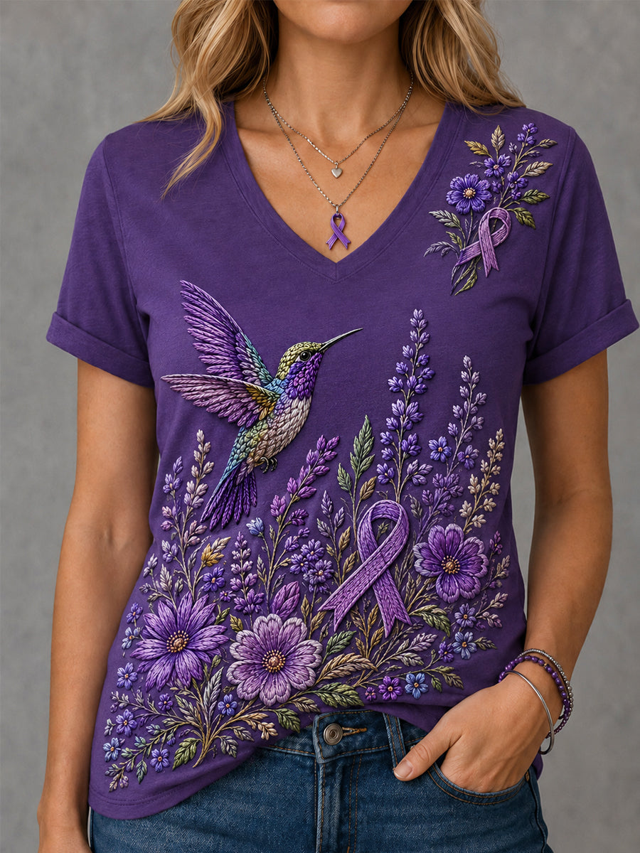 T-shirt à col en V pour femmes, imprimé floral violet et colibris, en soutien à la sensibilisation à la maladie d’Alzheimer