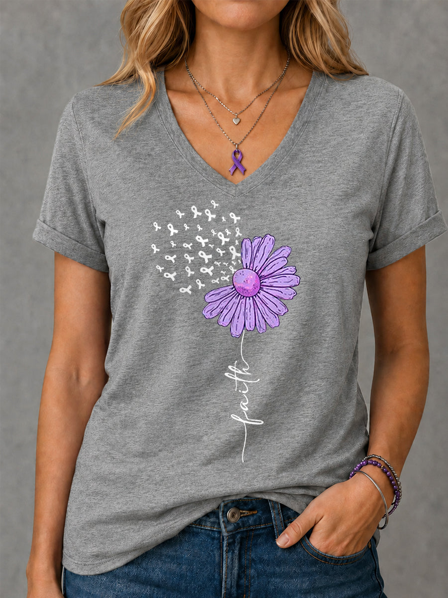 Femmes Violet Ruban Tournesol Foi Imprimer Alzheimer Sensibilisation Soutien V-Neck Tee