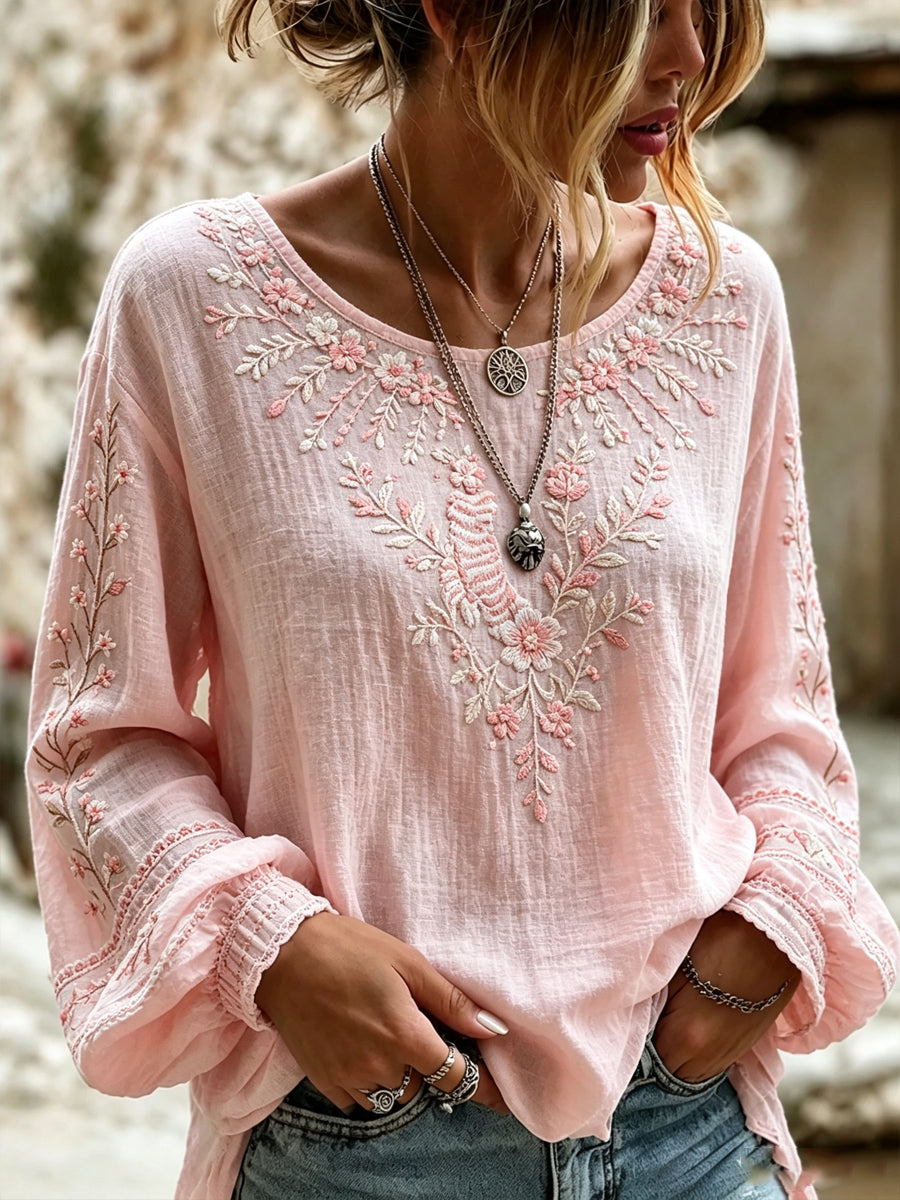 Chemise Femme Coton-Lin Imprimé Fleurs Rose Cancer Du Sein