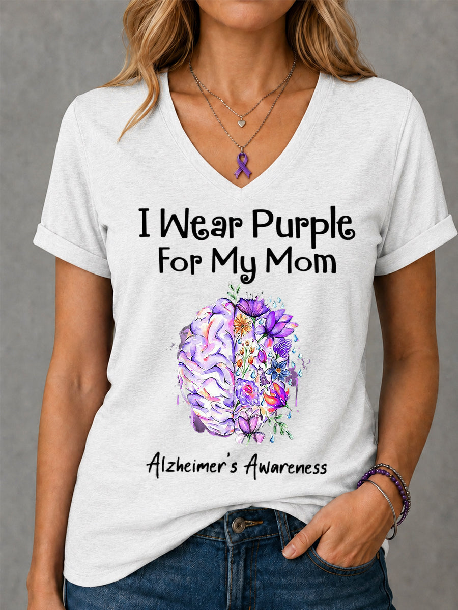 T-shirt à col en V pour femme I Wear Purple For My Mom imprimé floral Alzheimer's Awareness Support