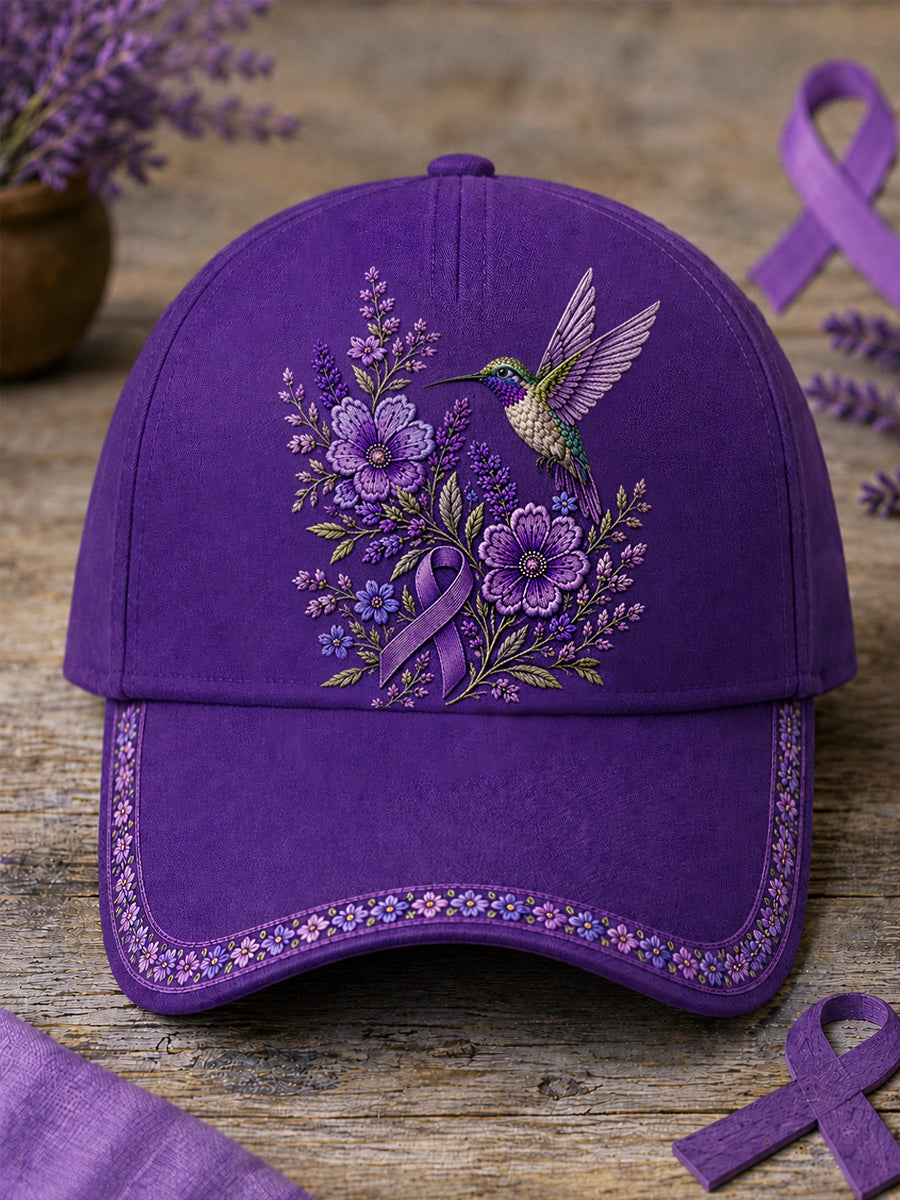 Chapeau de soutien à la sensibilisation à la maladie d’Alzheimer, unisexe, à imprimé floral violet et colibri