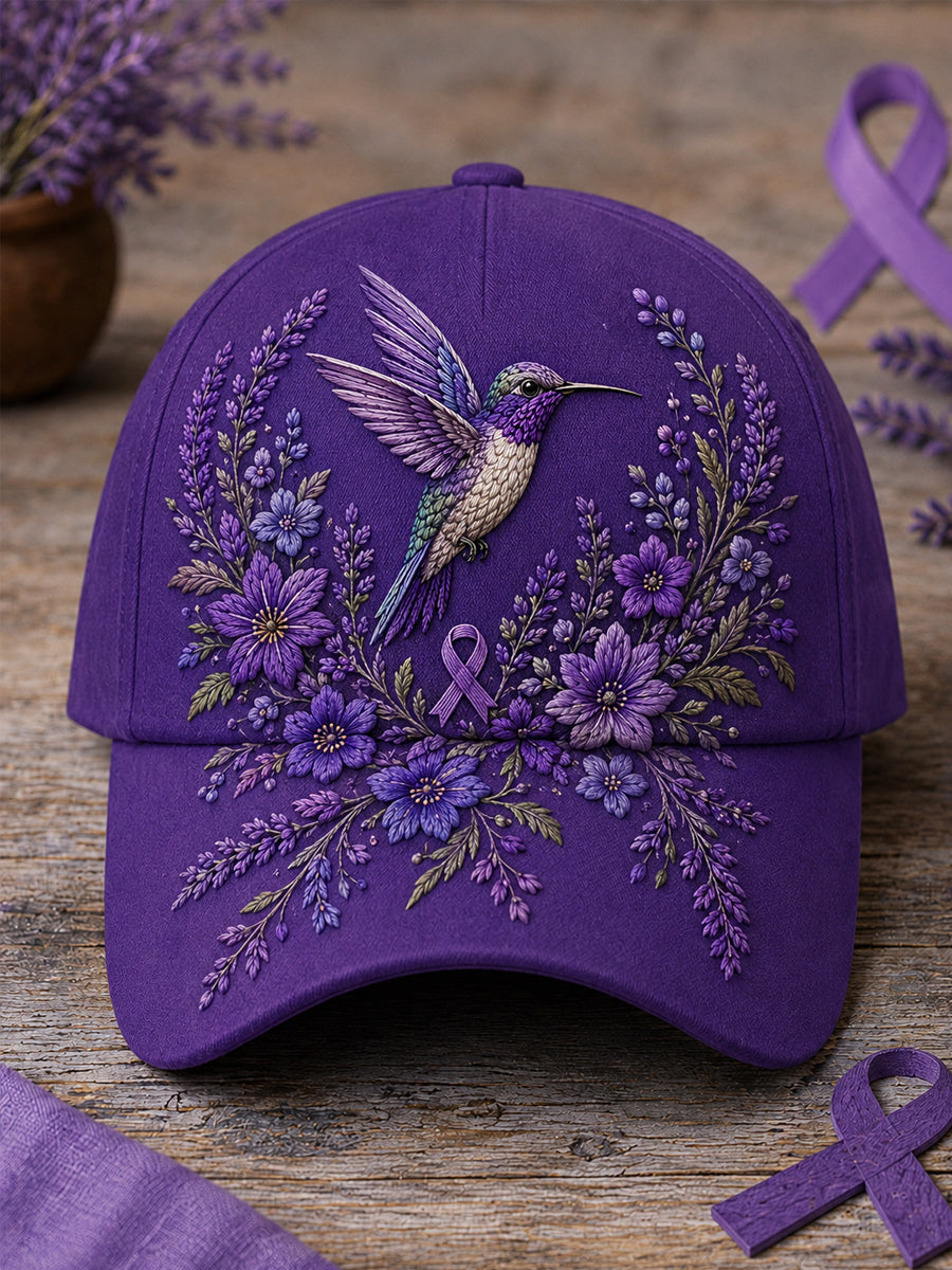 Chapeau de soutien à la sensibilisation à la maladie d’Alzheimer, unisexe, à imprimé floral violet et colibri