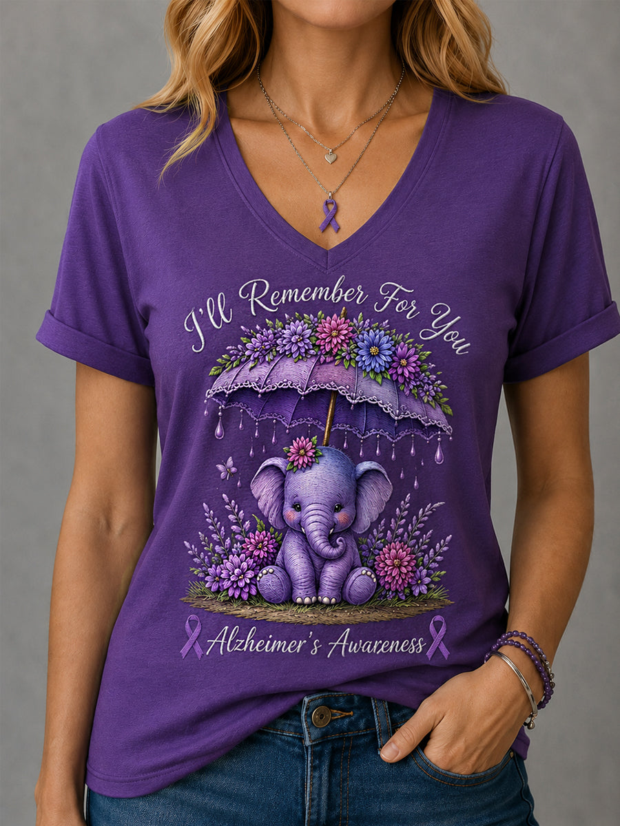 T-shirt à col en V pour femme I'll Remember For You Elephant Floral Print Alzheimer's Awareness Support