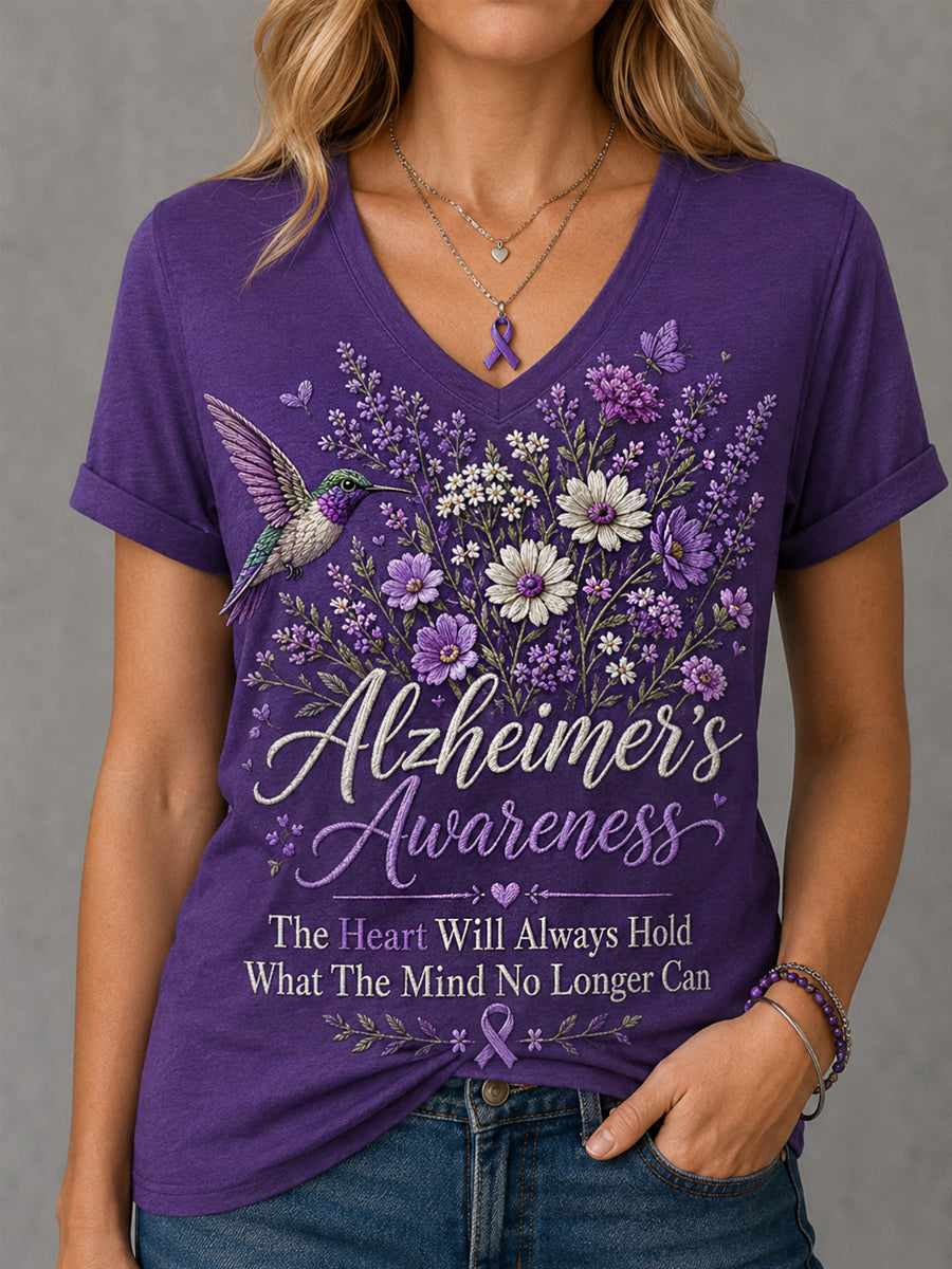 Femmes Le cœur tiendra toujours ce que l'esprit ne peut plus Floral Imprimer la sensibilisation de la maladie d'Alzheimer soutien V-Neck Tee