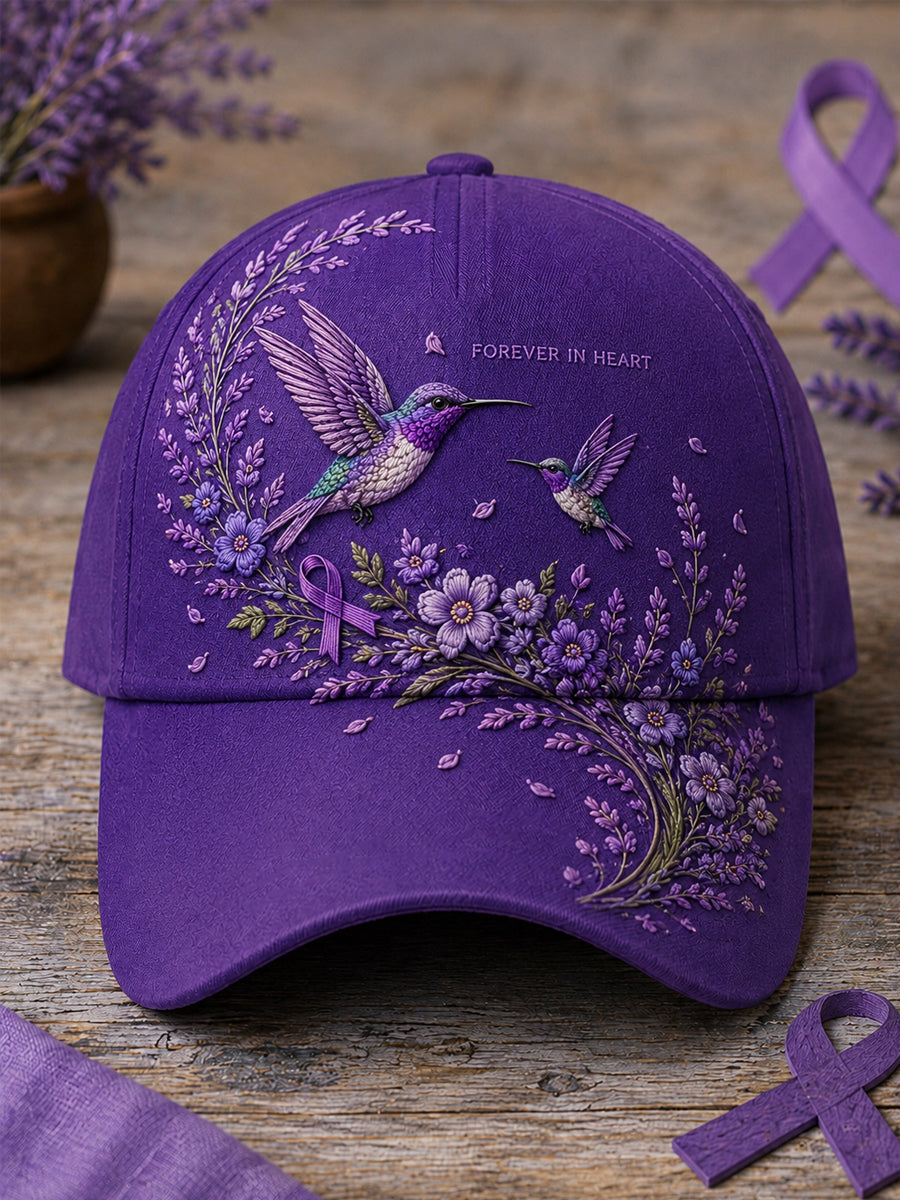 Chapeau de soutien à la sensibilisation à la maladie d’Alzheimer, unisexe, à imprimé floral violet et colibri