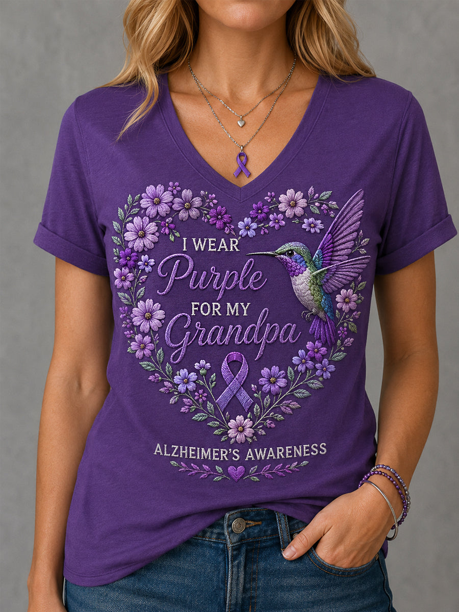 T-shirt à col en V pour femmes, imprimé floral violet et colibris, en soutien à la sensibilisation à la maladie d’Alzheimer
