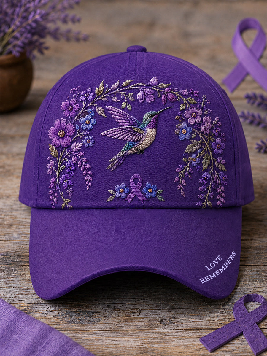 Chapeau de soutien à la sensibilisation à la maladie d’Alzheimer, unisexe, à imprimé floral violet et colibri