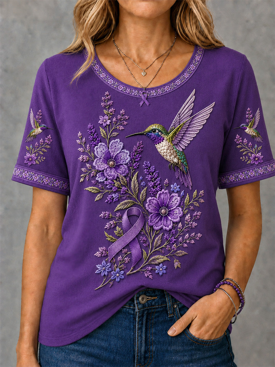 T-shirt de soutien à la sensibilisation à la maladie d’Alzheimer pour femmes, imprimé floral violet et colibris