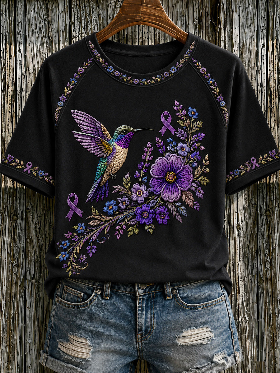 T-shirt de soutien à la sensibilisation à la maladie d’Alzheimer pour femmes, imprimé floral violet et colibris