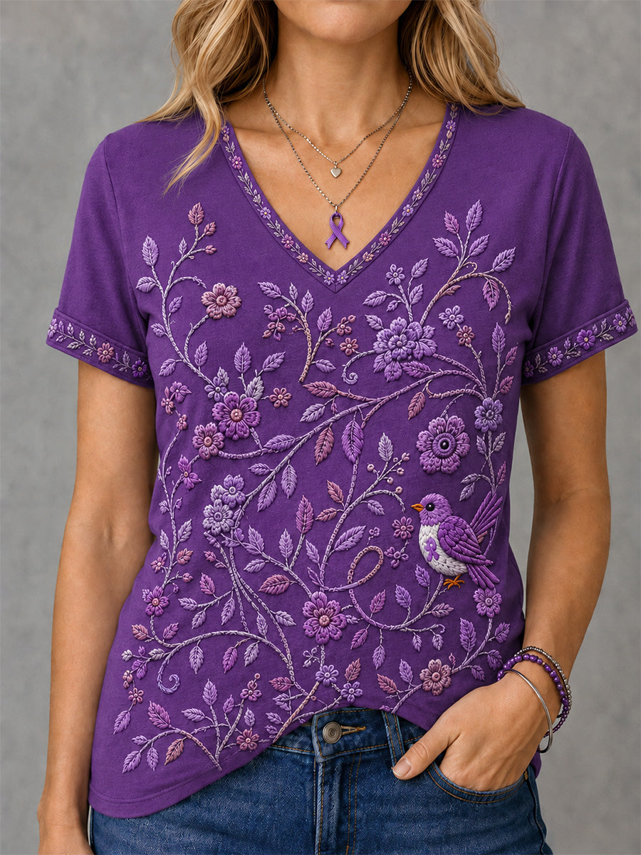 T-shirt à col en V pour femmes, imprimé floral violet et colibris, en soutien à la sensibilisation à la maladie d’Alzheimer