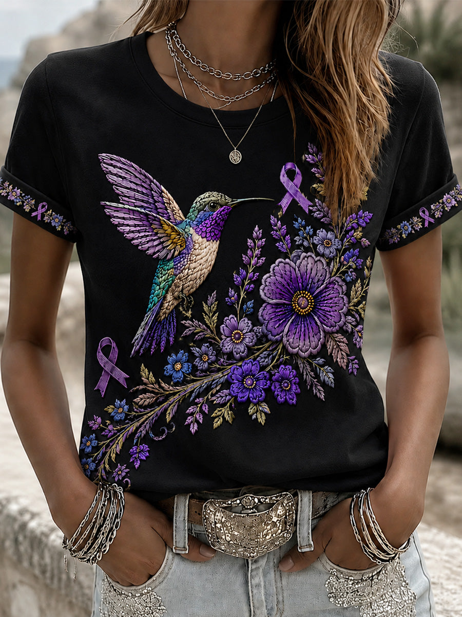 T-shirt de soutien à la sensibilisation à la maladie d’Alzheimer pour femmes, imprimé floral violet et colibris