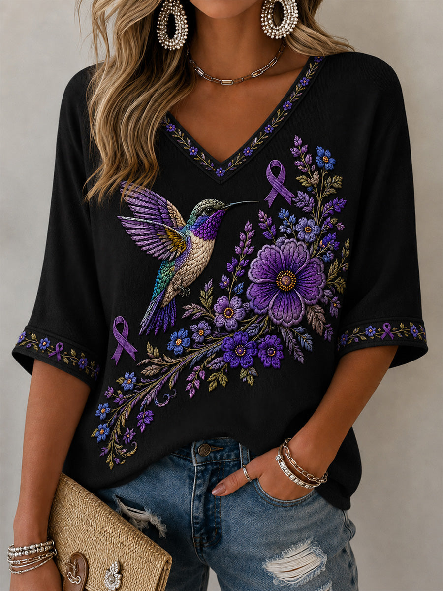 T-shirt à col en V pour femmes, imprimé floral violet et colibris, en soutien à la sensibilisation à la maladie d’Alzheimer