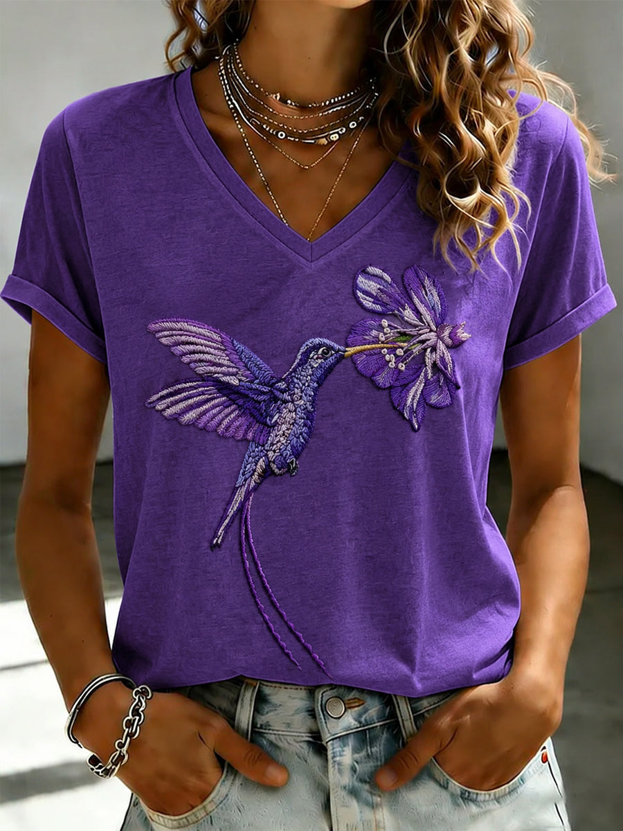 T-shirt Femme Violet Imprimé Flora Art Col V