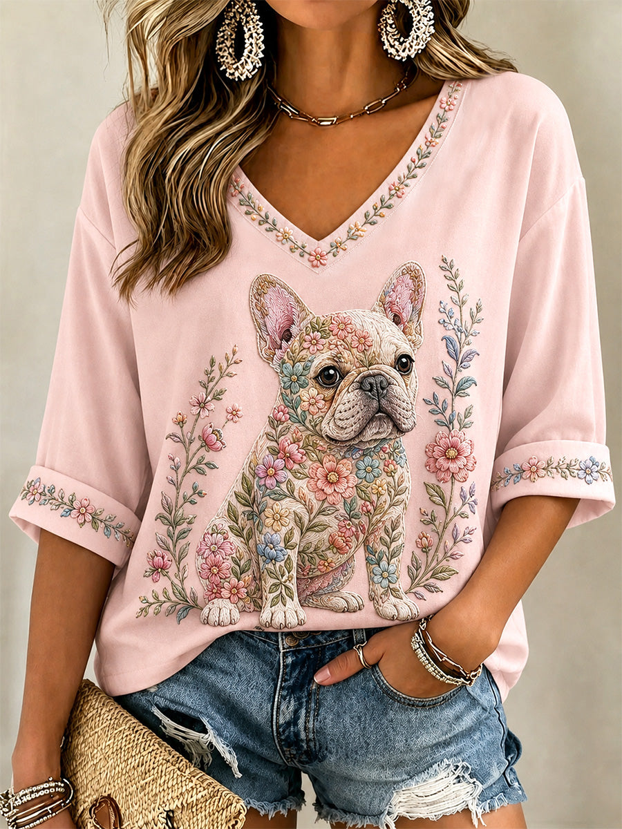 T-shirt décontracté à col en V et imprimé floral pour femmes