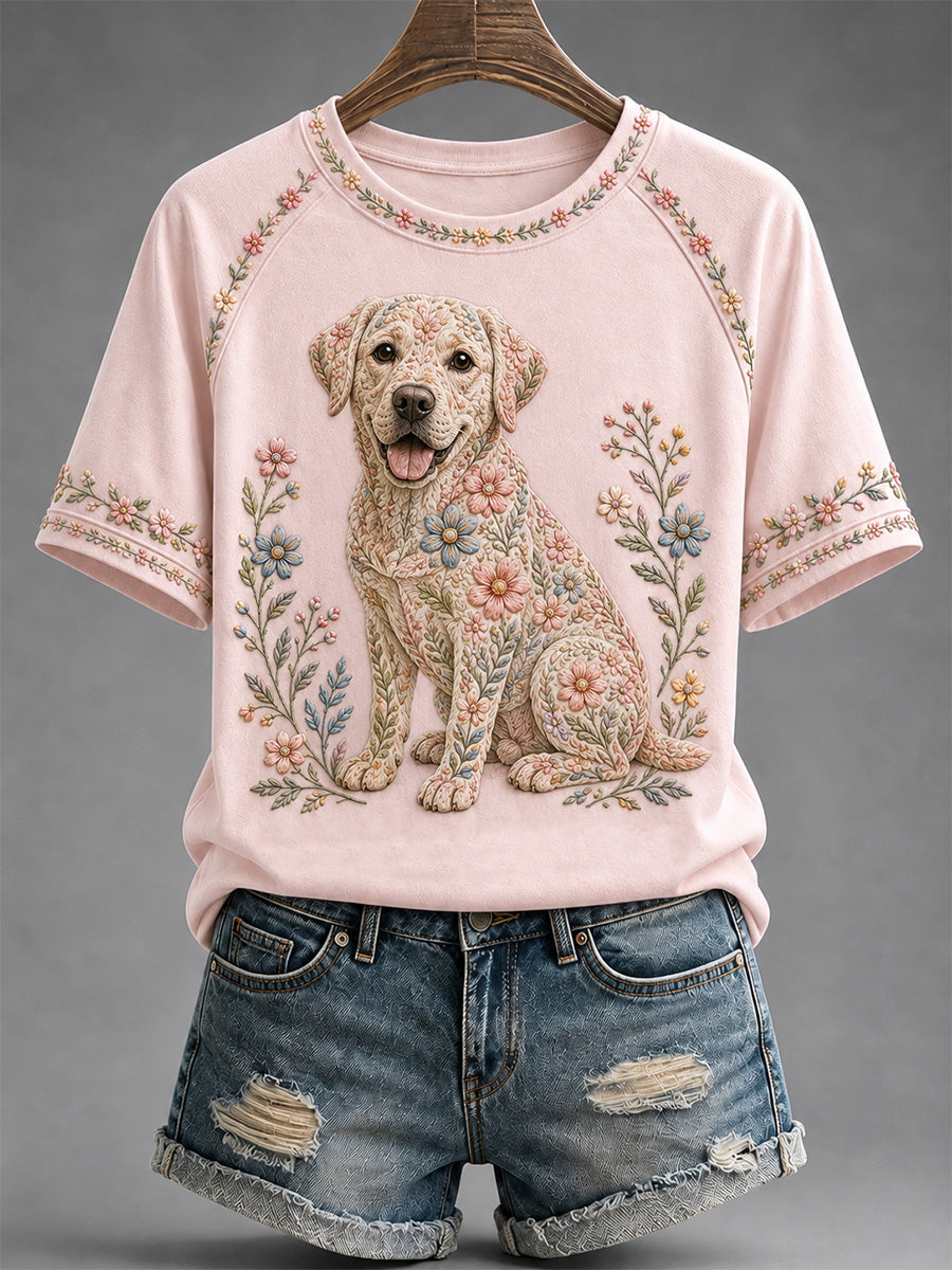T-shirt décontracté pour femme à imprimé floral et motifs canins