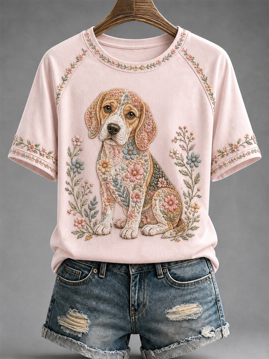 T-shirt décontracté pour femme à imprimé floral et motifs canins