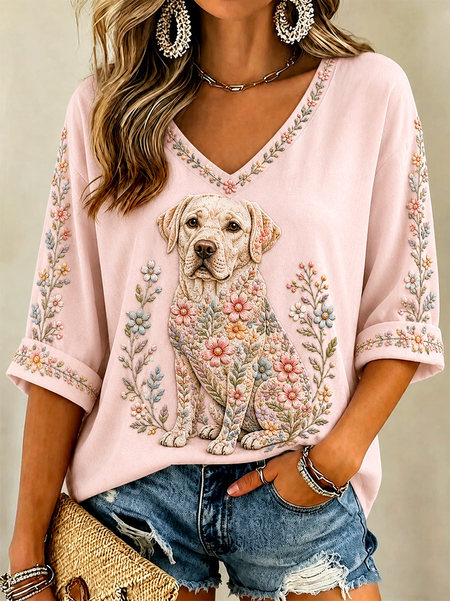 T-shirt à col en V décontracté imprimé floral pour femmes