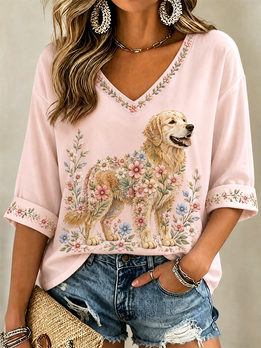 T-shirt décontracté à col en V et imprimé floral pour femmes