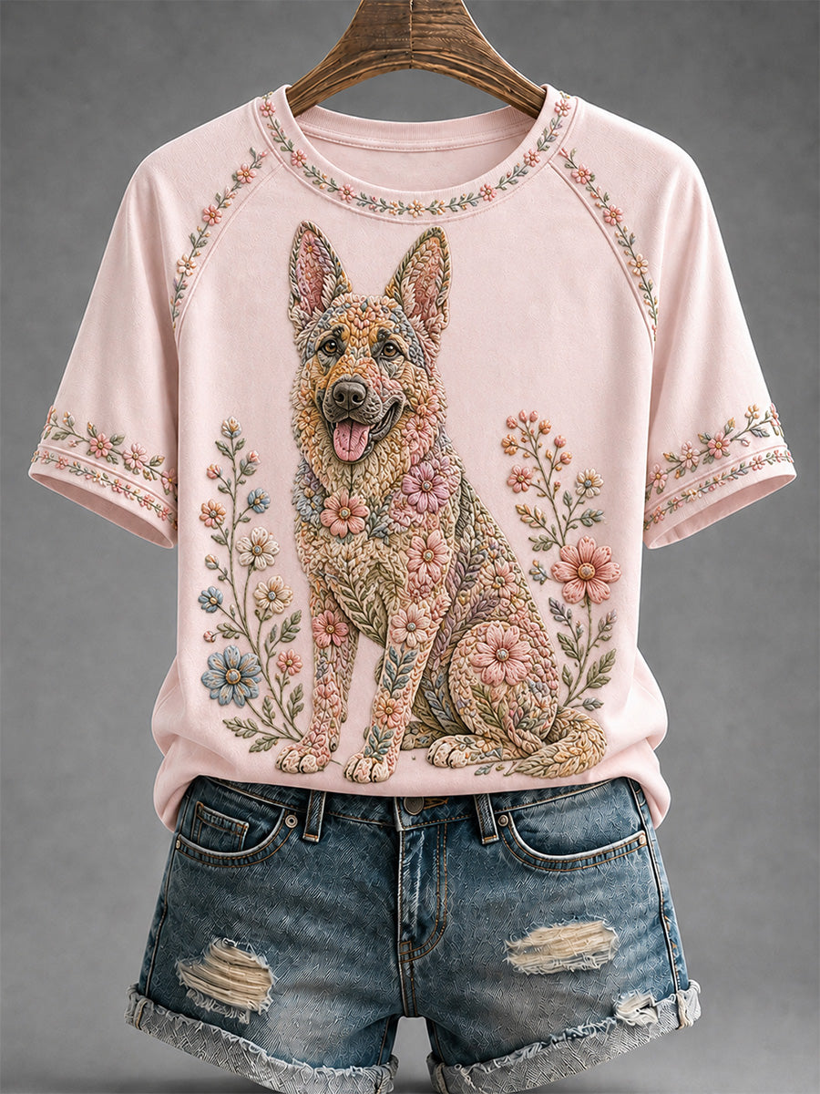 T-shirt décontracté pour femme à imprimé floral et motifs canins