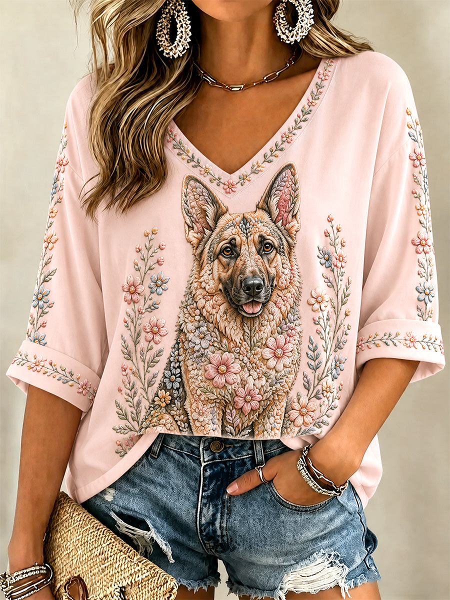 T-shirt décontracté à col en V et imprimé floral pour femmes