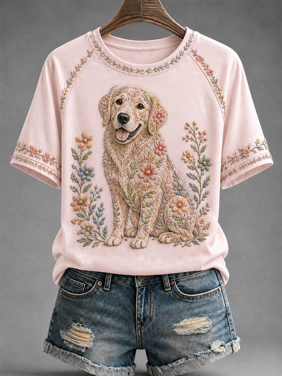 T-shirt décontracté pour femme à imprimé floral et motifs canins