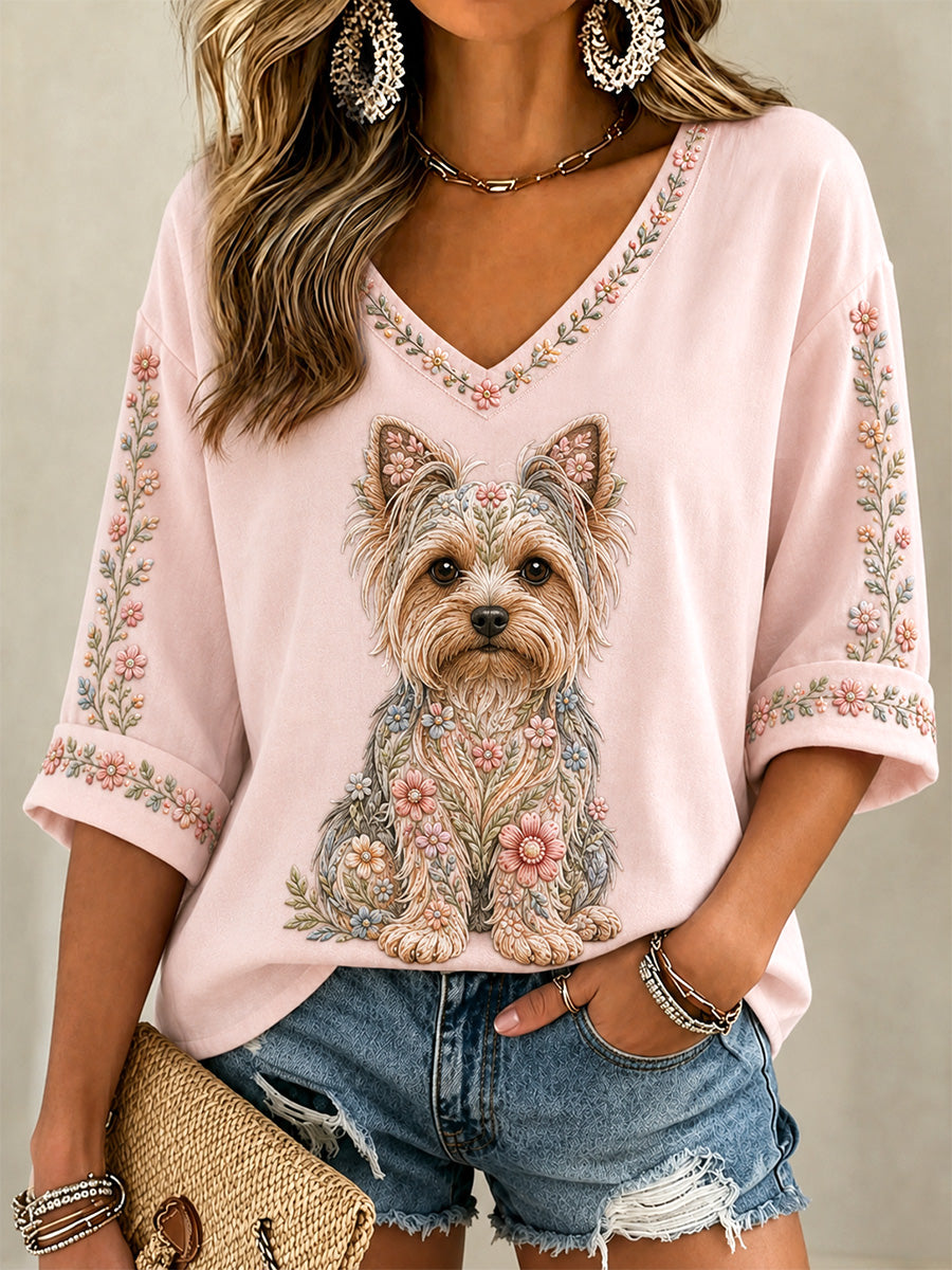 T-shirt décontracté à col en V et imprimé floral pour femmes