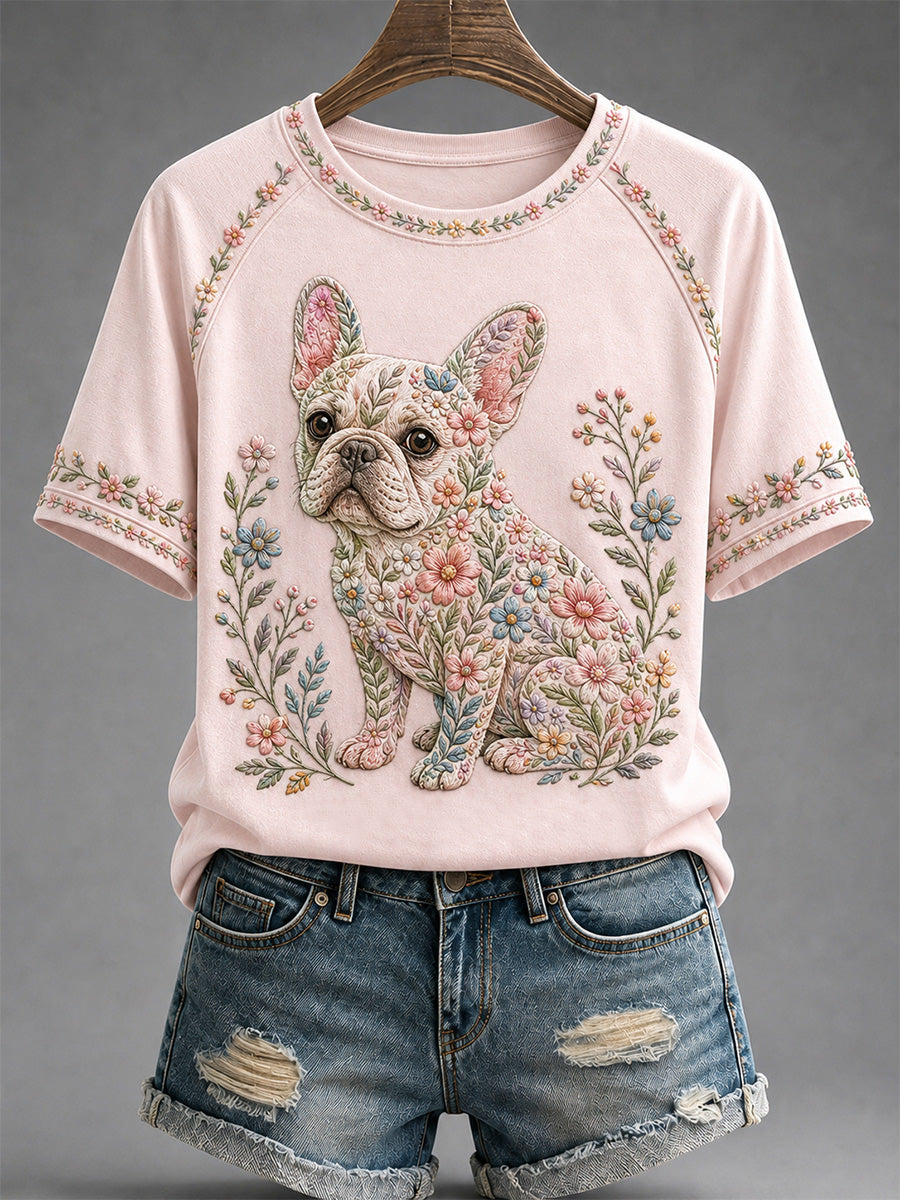 T-shirt décontracté pour femme à imprimé floral et motifs canins