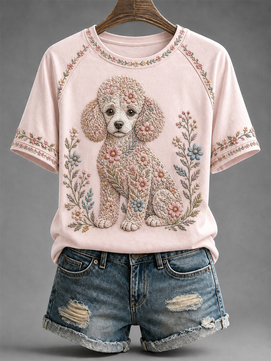 T-shirt décontracté pour femme à imprimé floral et motifs canins