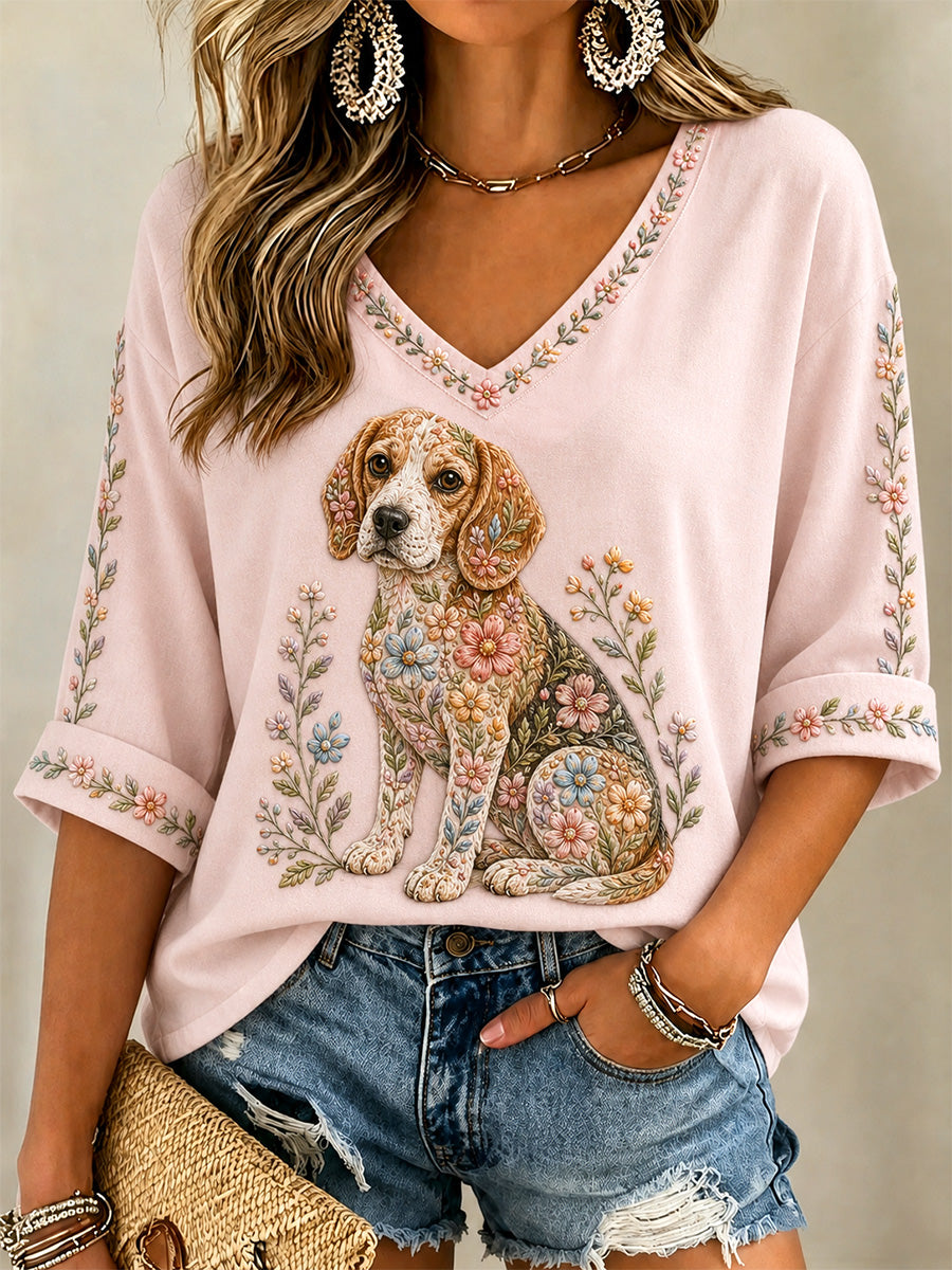 T-shirt décontracté à col en V et imprimé floral pour femmes