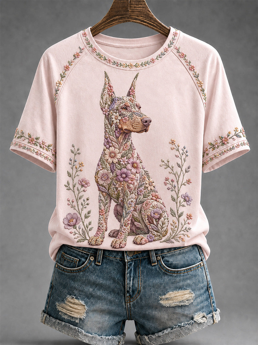 T-shirt décontracté pour femme à imprimé floral et motifs canins