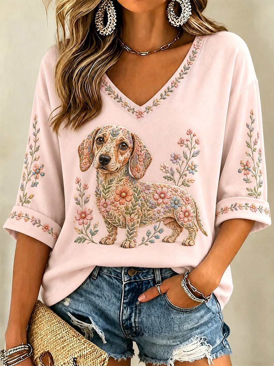 T-shirt décontracté à col en V et imprimé floral pour femmes