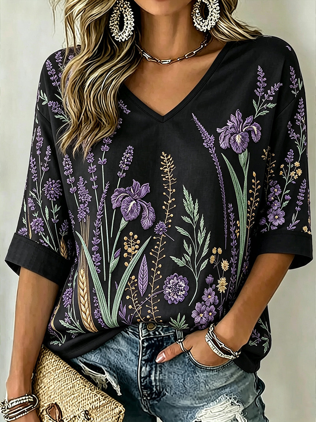 T-shirt femme à manches mi-longues et col en V, imprimé motif végétal violet