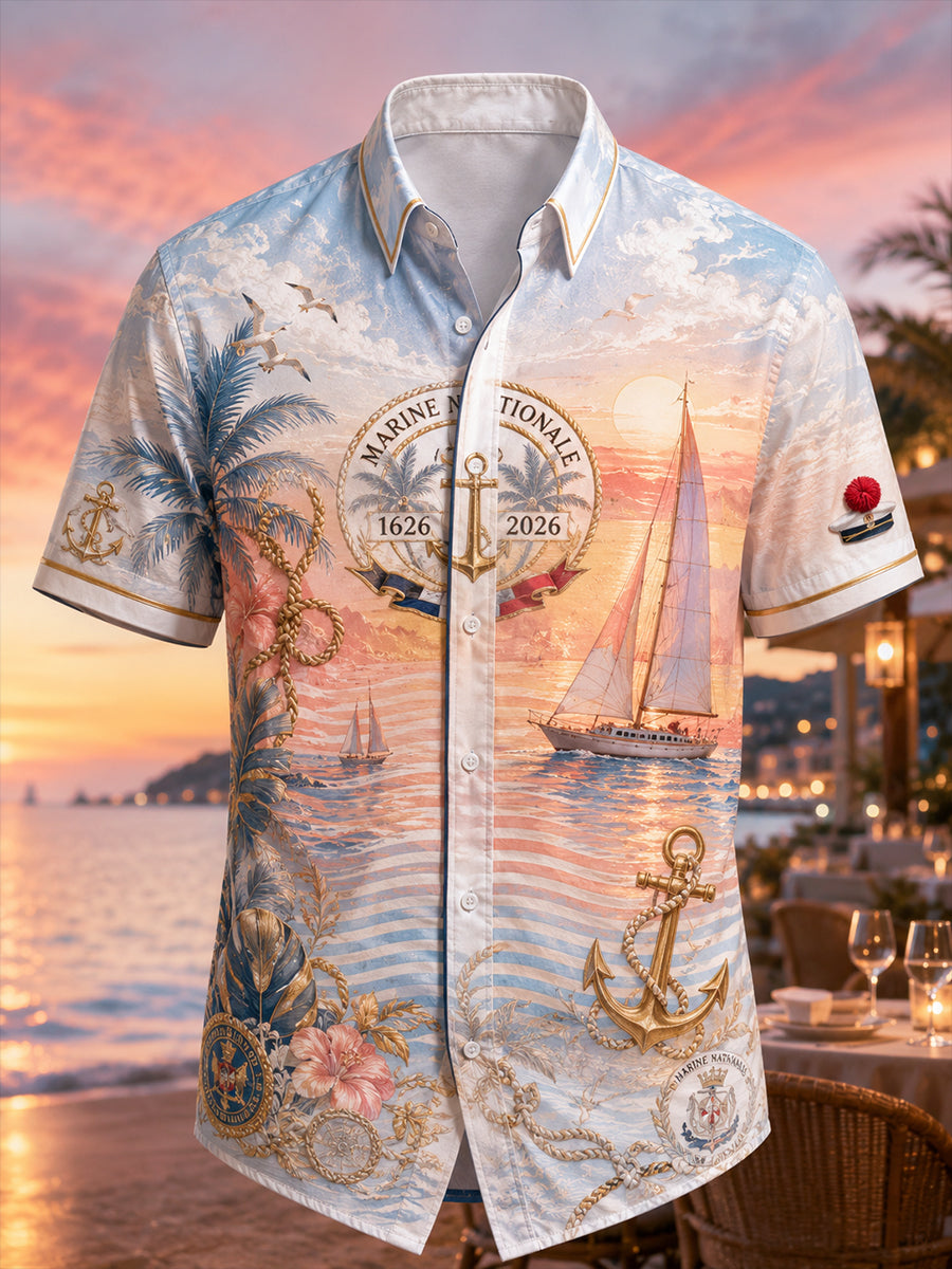 Chemise décontractée pour homme, marine française, manches courtes