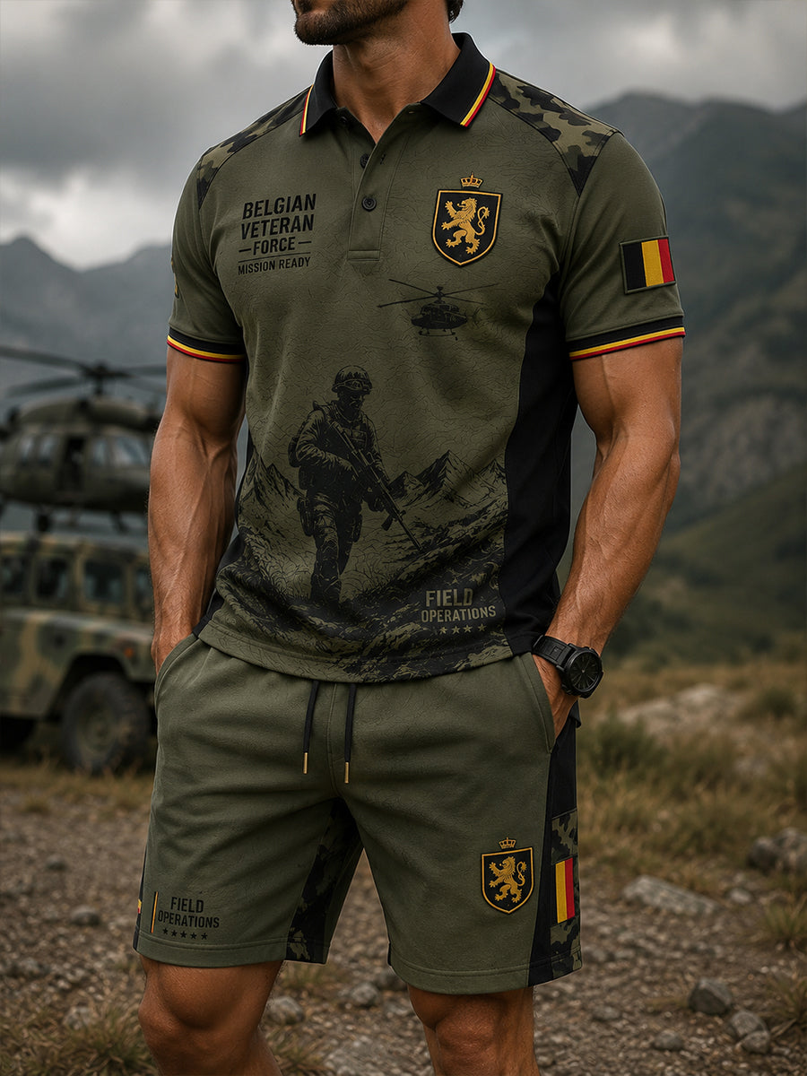 Ensemble de polo à manches courtes pour homme, orné d’un imprimé vintage de style militaire