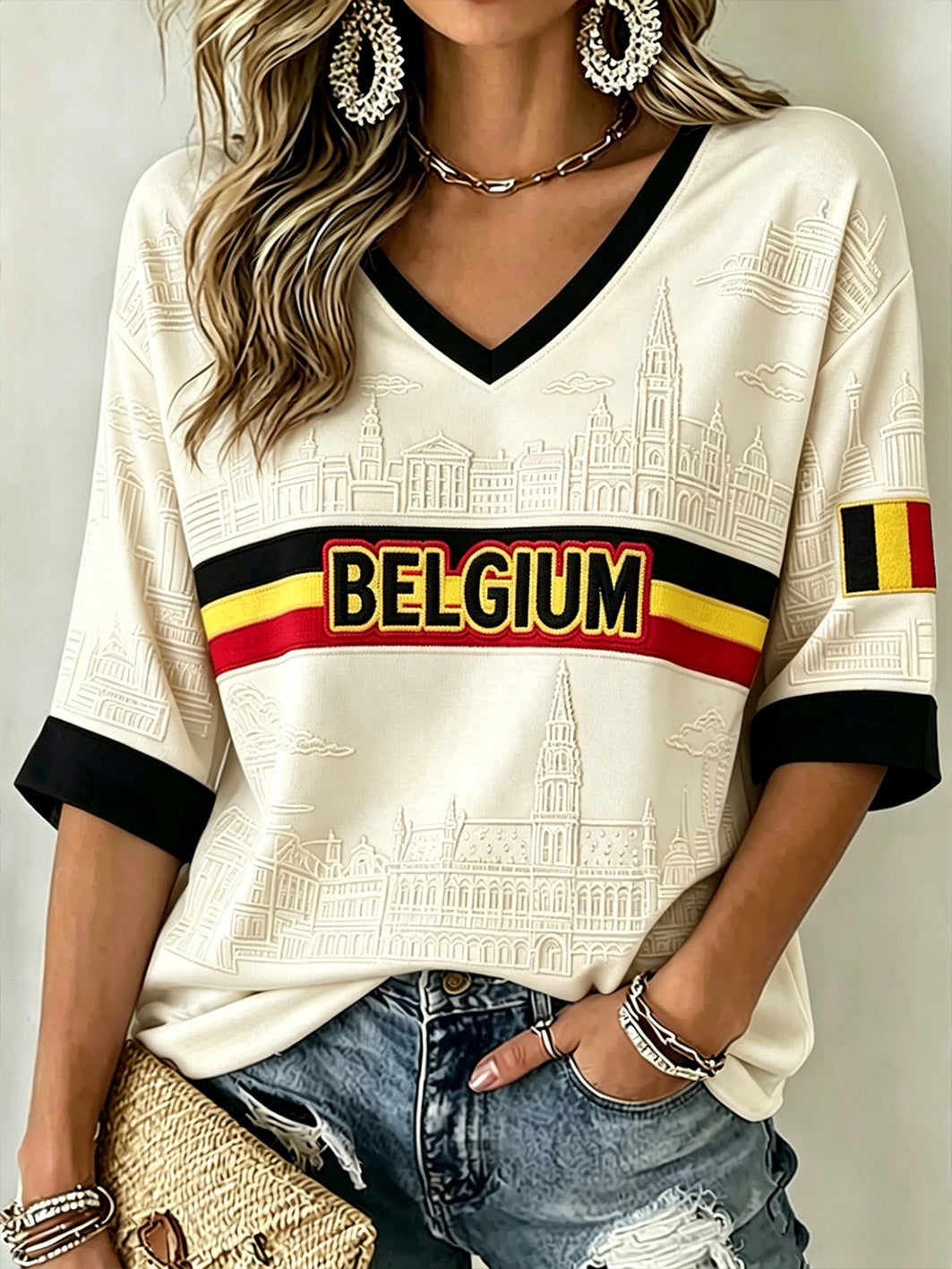 T-shirt femme à col en V, manches mi-longues, décontracté, commémoratif, style belge