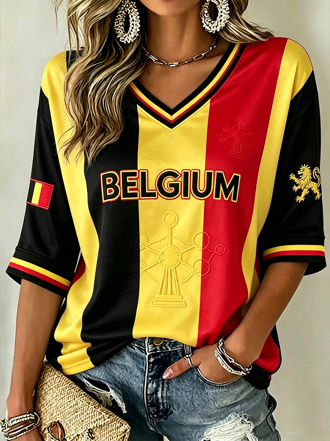 T-shirt femme à col en V, manches mi-longues, décontracté, commémoratif, style belge