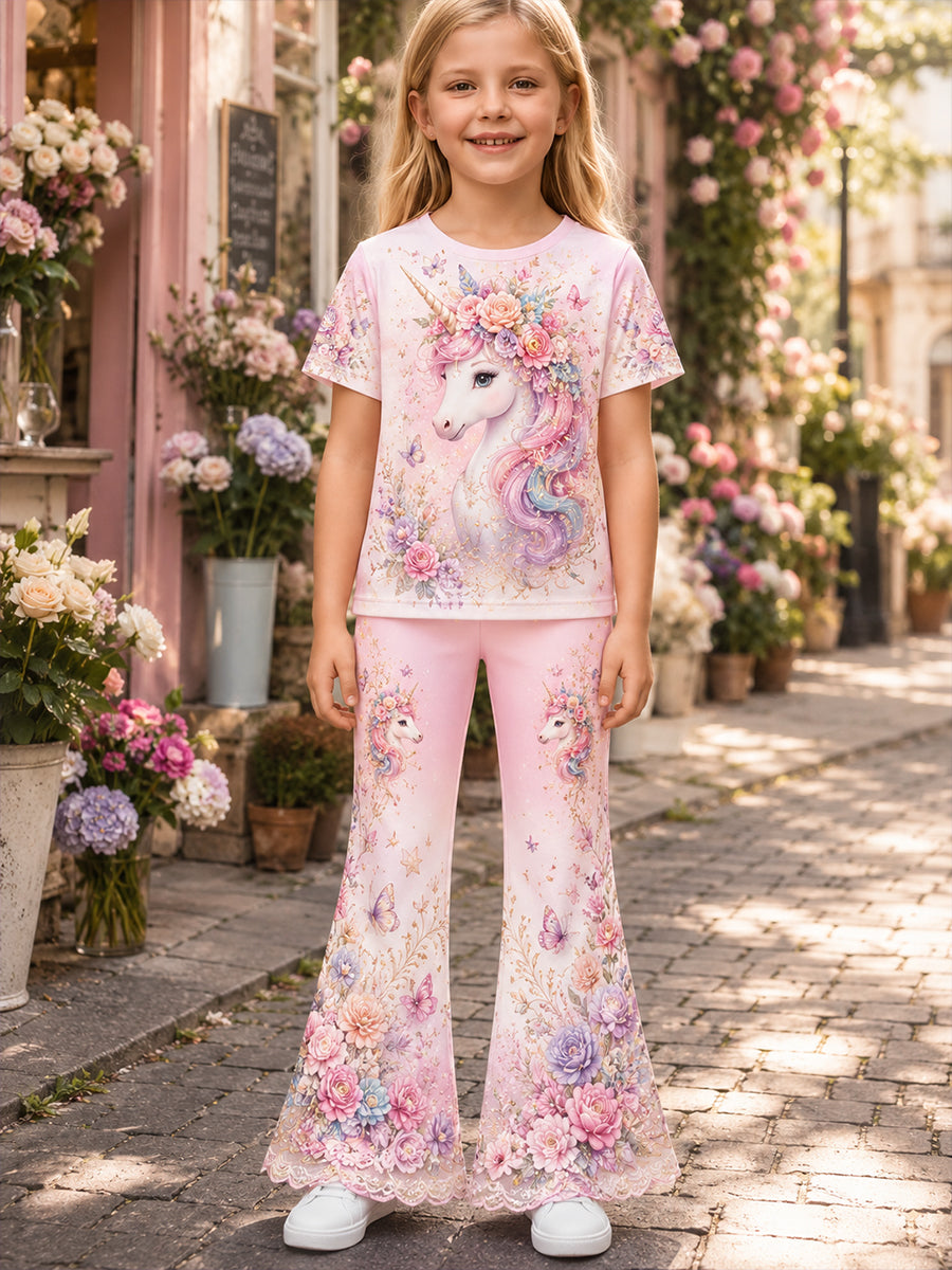 Ensemble t-shirt à manches courtes arc-en-ciel pour filles, motif cheval